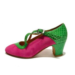 fuchsia and green spikeless shoe
