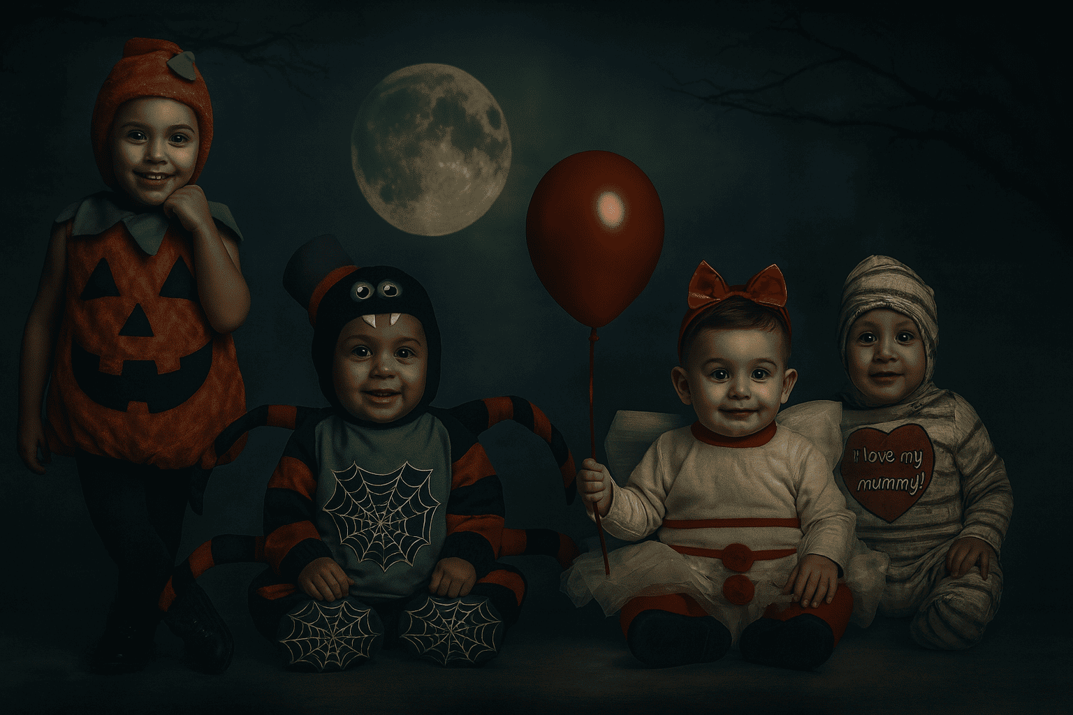 Cuatro bebés disfrazados de Halloween,calabaza, araña, enfermera y momia, posando bajo la luna llena, colección de disfraces de Halloween para bebés en Menkes