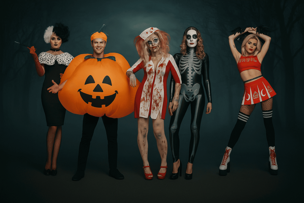 Grupo de personas con disfraces de Halloween de calabaza, enfermera zombie, esqueleto, animadora y señora malvada, colección de disfraces de Halloween para adultos en Menkes