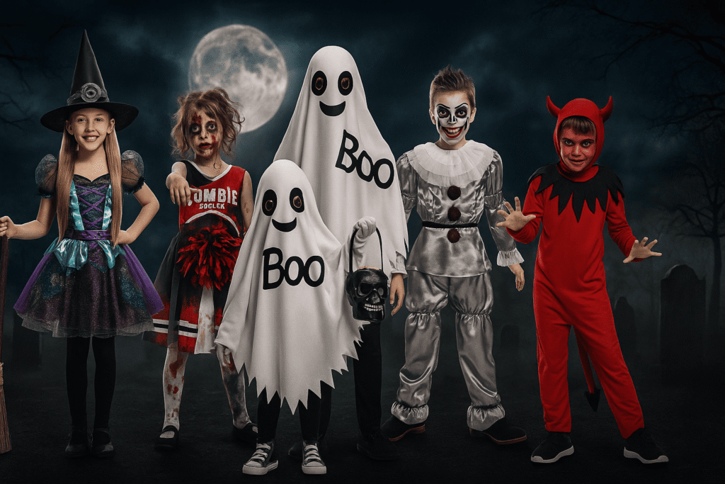 Grupo de niños disfrazados de bruja, zombie, fantasma, esqueleto y diablillo en una noche de Halloween, colección de disfraces infantiles de Halloween en Menkes