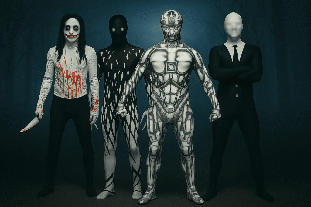 Grupo de hombres con disfraces de Halloween de Jeff the Killer, Zalgo, robot y Slender Man, colección de disfraces originales de Halloween en Menkes